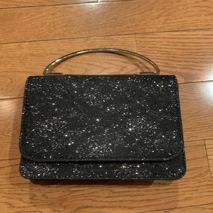 Women's Evening Handbag, Black and Silver Shiny Glitter With Silver Handle